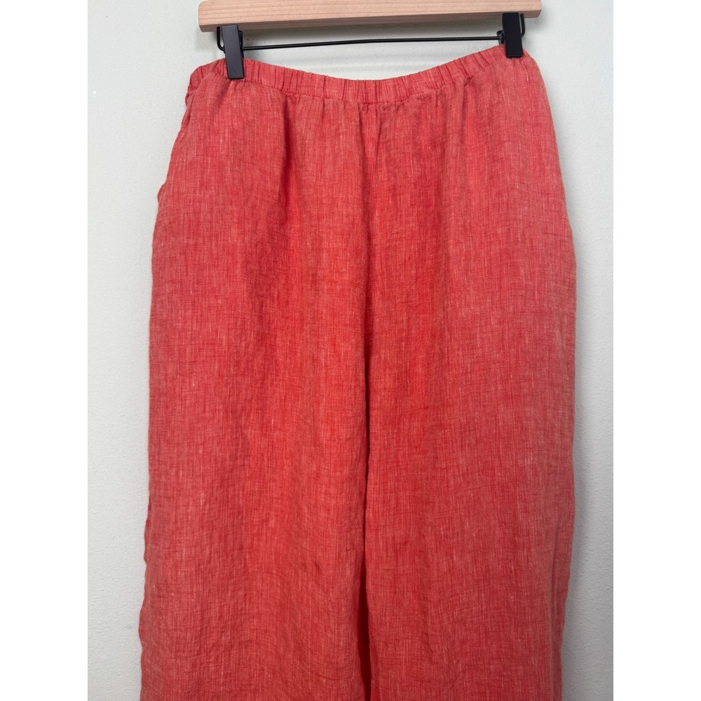 FLAX 100% Linen Wide Leg Pants Coral Orange Elastic Waist Pockets Size L - Picture 2 of 11